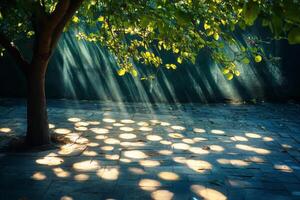 Sunlight filters through leaves creating beautiful patterns on stone pathway in a serene garden setting photo
