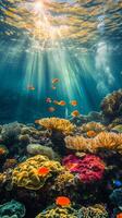 Vibrant underwater coral reef teems with colorful marine life in crystal clear water photo