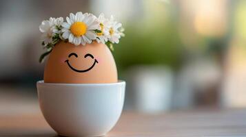 Creative decoration of an egg with flowers in a white cup on a wooden table photo
