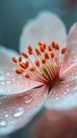 Beautiful pink flowers with intricate details against a soft blue background photo