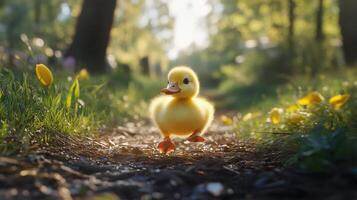 Duckling splashes in a serene pond during a sunny afternoon near a lush green environment photo