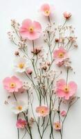 Beautiful arrangement of mixed wildflowers in soft pastel colors on a plain background photo