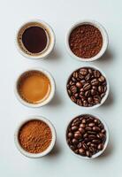 Different stages of coffee preparation with ground coffee and brewed coffee photo