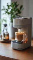 Modern coffee machine brewing fresh espresso in bright kitchen setting photo