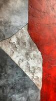 Textured wall with red, white, and gray paint peeling in artistic patterns photo