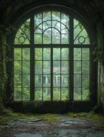 Overgrown mansion seen through a large arched window with natural light and greenery photo