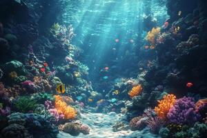 Underwater coral reef ecosystem with vibrant marine life illuminated by sunlight photo