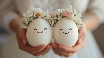 Charming decorated eggs held by hands adorned with flowers in a cozy setting photo