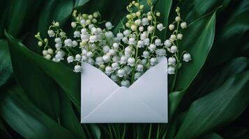 Fresh lilies of the valley bouquet arranged with a white envelope on green leaves photo