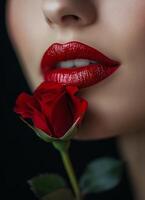 Captivating close-up of lips and red rose highlighting beauty and elegance photo