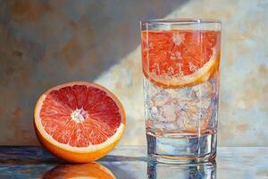 Refreshing drink with grapefruit and ice in a glass on a vibrant background photo