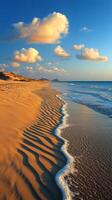 Tranquil beach at sunset with gentle waves lapping at golden sand photo