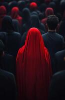 Bright red scarf stands out in a crowd of black-clad individuals during a solemn gathering photo