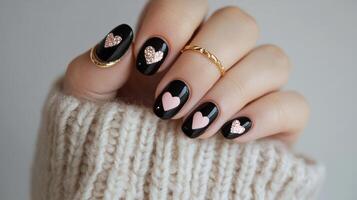 Elegant nail art with heart designs on a womans hand showcasing creativity and style photo