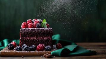 Delicious chocolate cake topped with fresh berries and mint leaves on a dark background photo