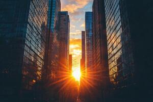 Sunset over city skyline with light rays shining through buildings in evening photo