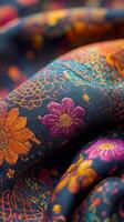 Vibrant embroidered fabric showcasing intricate floral patterns in rich colors photo