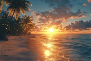 Beautiful sunset over tranquil beach with palm trees and gentle waves photo