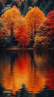 Vibrant autumn colors reflect on calm lake surface in serene forest setting photo