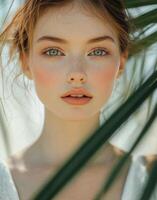 Portrait of a young woman with natural makeup and soft sunlight filtering through palm leaves photo