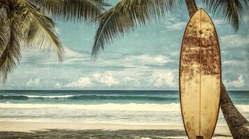 Surfboard resting under palm trees on a quiet beach at sunrise in a tropical paradise photo