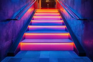 Bright neon-lit staircase in urban setting with vibrant colors creates captivating atmosphere photo