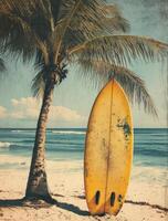 Vintage surfboard leaning against a palm tree near the ocean photo