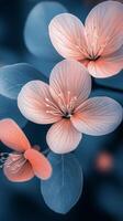 Beautiful pink flowers with intricate details against a soft blue background photo