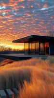 Golden sunlight illuminates grasses at sunset near a modern structure in a serene landscape photo