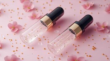 Elegant cosmetic bottles surrounded by pink petals and gold accents on a soft background photo