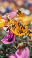 Bees hovering over colorful flowers in a vibrant garden during springtime photo