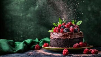 Delicious chocolate cake topped with fresh berries and mint leaves on a dark background photo
