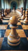 Elegant wooden king piece standing out on a chessboard during an outdoor match photo