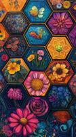 Colorful hexagonal patterns create a vibrant mosaic of art in a gallery photo