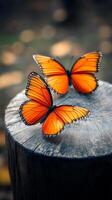 Bright orange butterflies resting on weathered wood in a natural setting photo