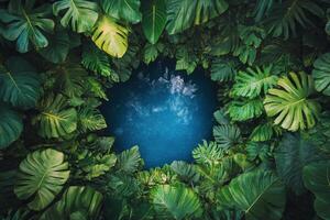 Exploring the lush greenery surrounding a serene pool of water in a dense forest photo