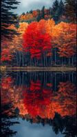 Vibrant autumn colors reflect on calm lake surface in serene forest setting photo