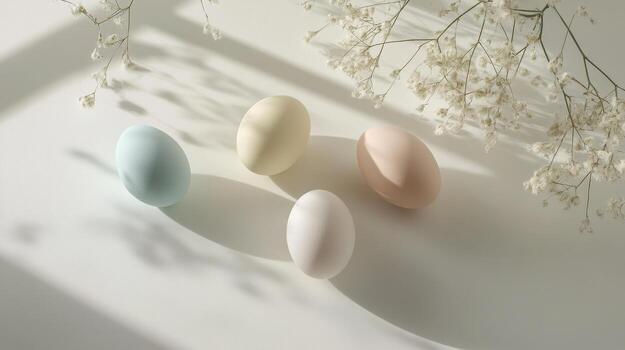 Various colored eggs displayed in a neat row on a clean surface photo