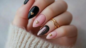 Elegant nail art with heart designs on a womans hand showcasing creativity and style photo