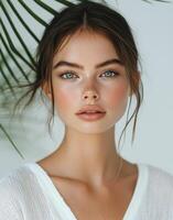 Portrait of a young woman with natural makeup and soft sunlight filtering through palm leaves photo