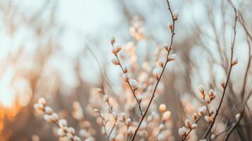 Spring buds emerging on branch in natural setting during early morning light photo