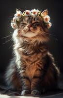 Beautiful fluffy cat with flower crown sits gracefully against dark background photo