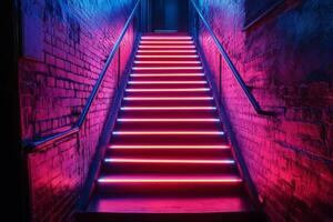 Bright neon-lit staircase in urban setting with vibrant colors creates captivating atmosphere photo