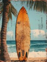 Vintage surfboard leaning against a palm tree near the ocean photo
