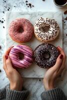 Hands holding three colorful donuts with sprinkles on a marble background photo