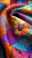 Vibrant embroidered fabric showcasing intricate floral patterns in rich colors photo