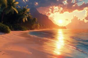 Golden sunset reflecting on a tranquil beach with palm trees swaying gently photo