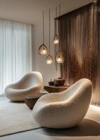 Elegant modern interior featuring stylish lighting and comfortable seating in a serene atmosphere photo