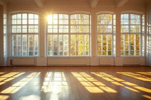 Sunlight streaming through large windows illuminating a cozy interior space in autumn photo