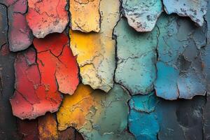 Colorful peeling paint creates an abstract texture on an old surface photo